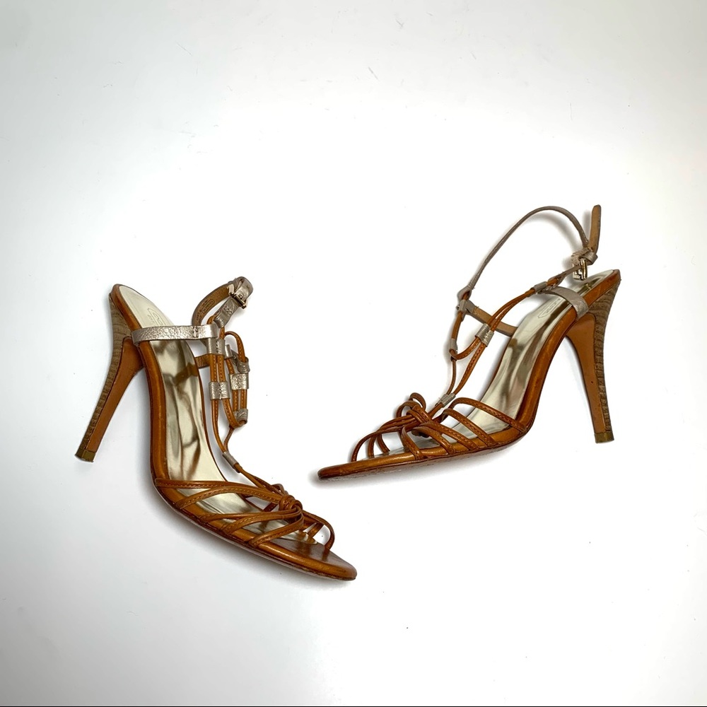 COACH Strappy Two-Tone Leather Sandal ‘Lana’ High Heel Ankle Strap Brown Gold